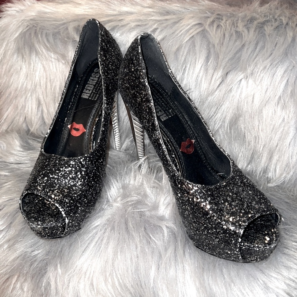 Red Kiss Black & Silver Glitter Dora Platform Peep Toe Heels size 8.5